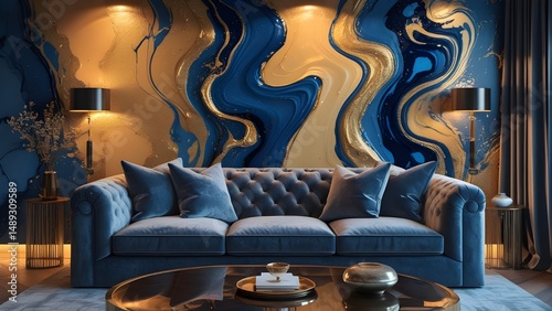 Luxurious Abstract Fluid Art Wall Painting with Gold Veins and Navy Swirls – Elegant Living Room Decor photo