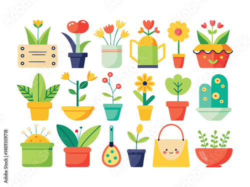 Collection of cute cartoon plants in pots and planters for spring

