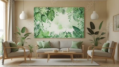Scandinavian Botanical Wall Art – Watercolor Tropical Leaves in Modern Natural Living Room photo