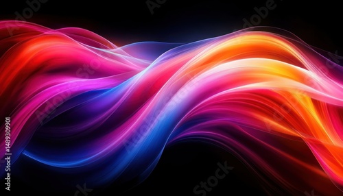 Vibrant flowing waves of light in red, orange, pink, purple, and blue hues creating an energetic and dynamic abstract pattern on a black background