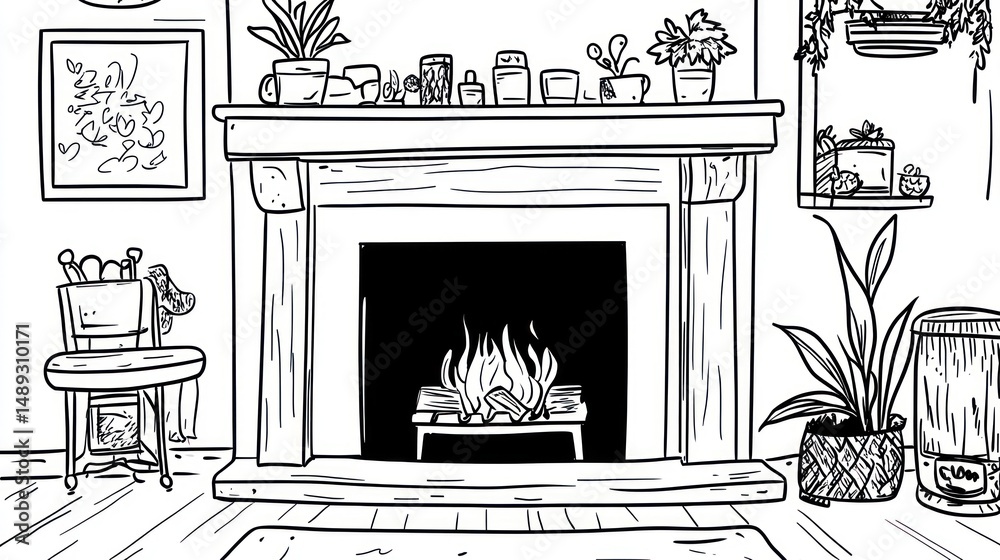 Fototapeta premium Cozy living room fireplace, plants, home decor, winter warmth, interior design