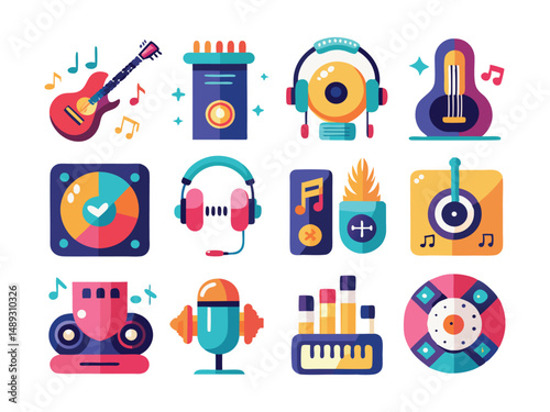 Colorful flat icons set of music instruments and audio equipment
