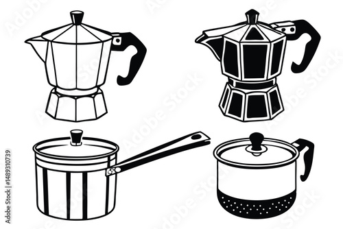 Hand-Drawn Kitchen Utensils Illustration: Two Moka Pots and Two Cooking Pots, Black and White Vector Clip Art.
