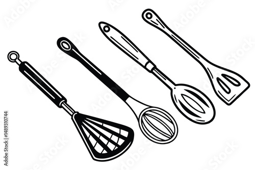 Black and White Kitchen Utensil Illustration: Whisk, Spoon, and Spatula Set for Cooking and Baking.