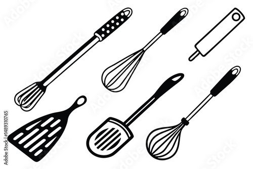 Black and White Kitchen Utensils Illustration: Whisk, Spatula, Peeler for Culinary Designs and Baking Concepts.