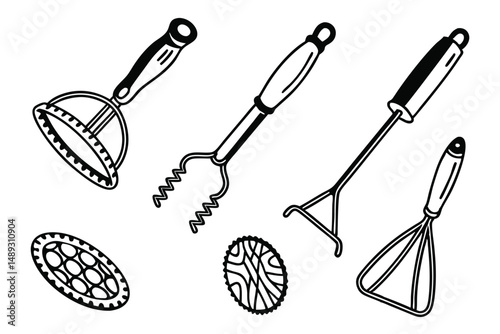 Black and White Line Art Kitchen Tools: Mashers, Whisk, And Ravioli Cutters For Food Preparation.