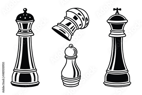 Graphic Black and White Chess Pieces: King, Queen, Bishop, and Pawn in a Bold Minimalist Design.