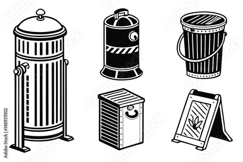 Vector Illustration of Vintage and Modern Waste Bins and a Warning Sign,Black and White Line Art Design.