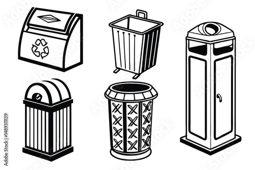 Collection of Recycling and Trash Bin Icons, Black and White Line Art Vector Illustration for Design Elements.