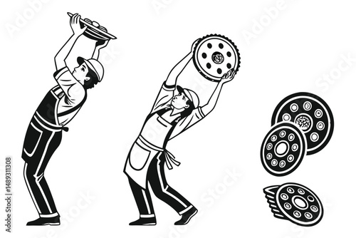 Baker Holding Pie Tray and Freshly Baked Pie, Black and White Vector Illustration Style for Microstock Usage.