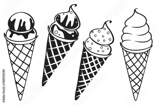 Black and White Ice Cream Cones Vector Illustration with Chocolate and Sprinkles Isolated on White Background.