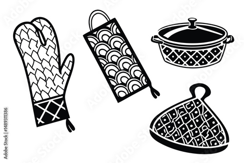 Black and White Kitchen Tools Vector Illustration: Oven Mitt, Pot Holder, and Covered Casserole Dish in Graphic Style.