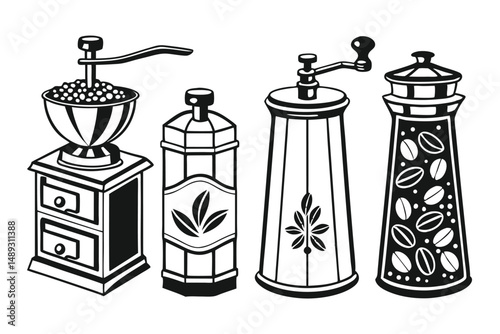 Coffee Grinders Collection: Vintage Hand-Cranked Mills and Decorative Containers in Retro Style, Black and White Illustration.