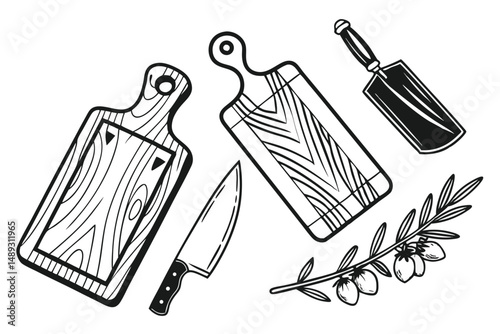 Kitchen utensils line art illustration with wooden boards, chef's knife, cleaver and olive branch for cooking concept.