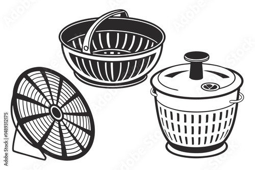Black and White Illustration of Kitchen Colanders and Salad Spinner, Minimalist Design Element.