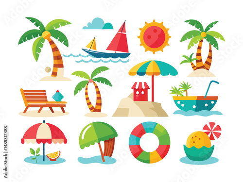 Vibrant summer vacation icons collection beach paradise elements
