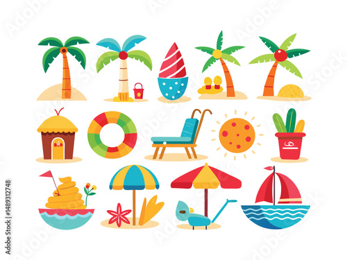 Vibrant summer beach icons collection for tropical vacation designs
