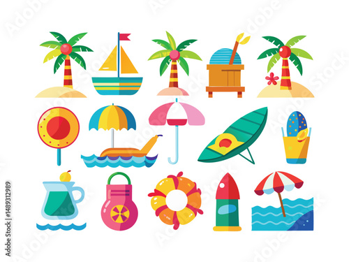 Vibrant summer icons collection beach vacation tropical paradise
