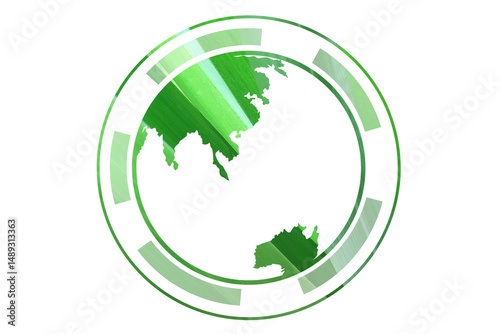 Stylized green Earth with digital circular interface and tropical leaf texture representing global ecology, clean energy, and environmental sustainability. Esg smart farming element