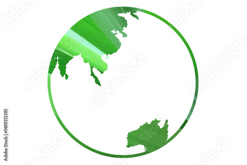 Stylized green globe focused on Asia and Australia with tropical leaf texture symbolizing global ecology, clean energy, and sustainability on transparent background. Esg smart farming element