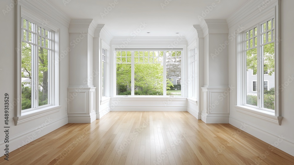 Fototapeta premium Bright, Airy Room with Large Windows and Hardwood Floors Modern Interior Design Inspiration