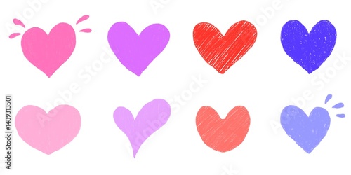 hand drawn various heart shape doodle with multi colors isolated on white background.
