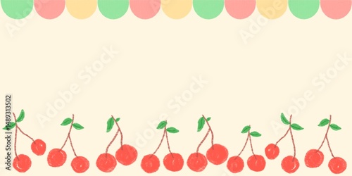 Seamless cherry border design vector illustration Isolated on a beige background. Cherry berries arranged in decorative lower frame border, repeatable background.