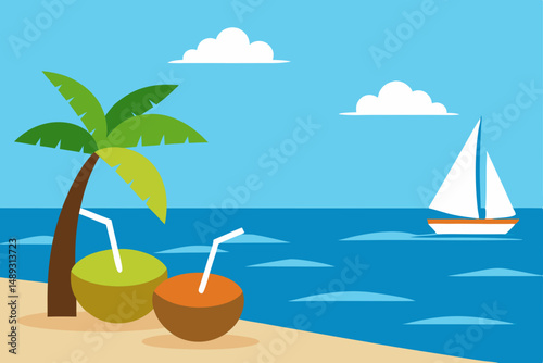 tropical beach with palm trees and sun