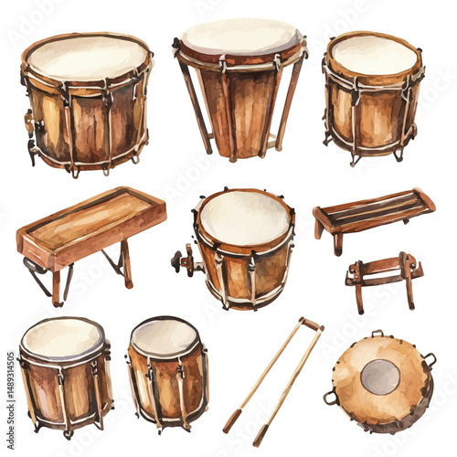 Set Of Orchestral Timpani With Wooden Frames, watercolor drawing vector, high quality, isolated on a white background.