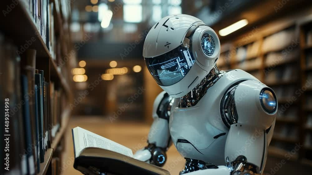  Robot Reading Book in Library Setting, AI Humanoid Engaged in Learning Activity, Futuristic Android Exploring Knowledge in Bookshelf Environment