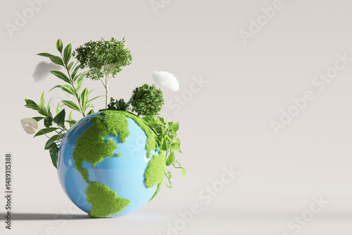Lush green vegetation growing on a blue earth globe. Earth Day. 3d rendering