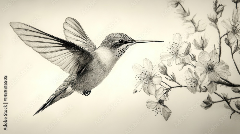 Fototapeta premium Hummingbird in flight near blossoms