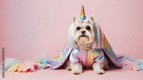 Adorable fluffy white dog with rainbow unicorn horn and iridescent cape sitting on pink backdrop.