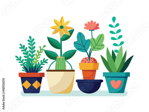 Collection of colorful potted plants with flowers and greenery
