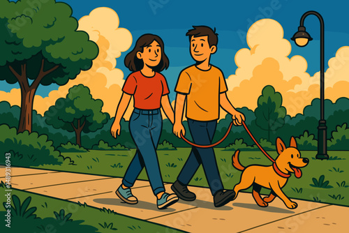 Young couple walking a dog in park during sunset  