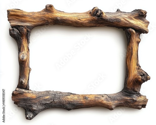 rectangular picture frame made from rustic natural tree branches with textured bark and knots on a white background