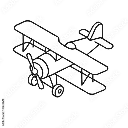 Vintage biplane illustration in simple black line art style