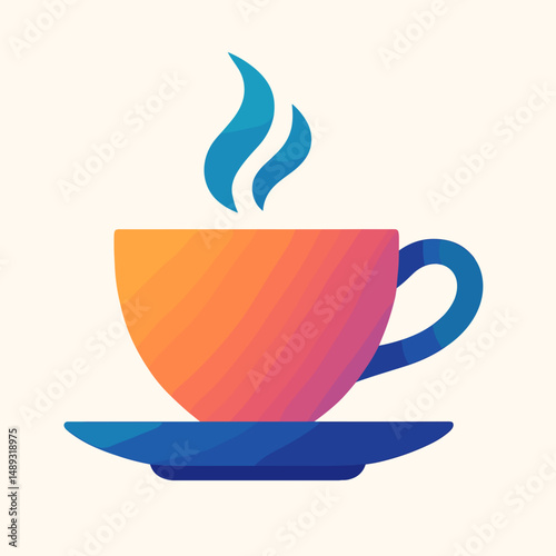 Colorful coffee cup with steam on saucer in modern flat design  