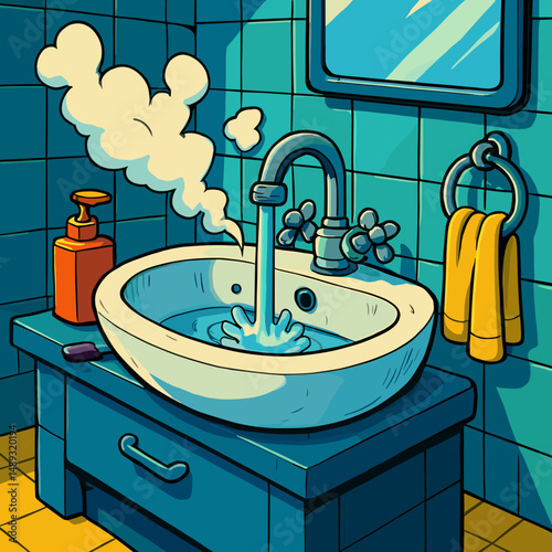 Cartoon wash basin with running water and soap in blue bathroom  