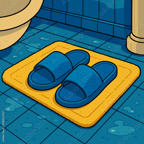 Cozy blue bathroom slippers resting on a bath mat near the toilet  