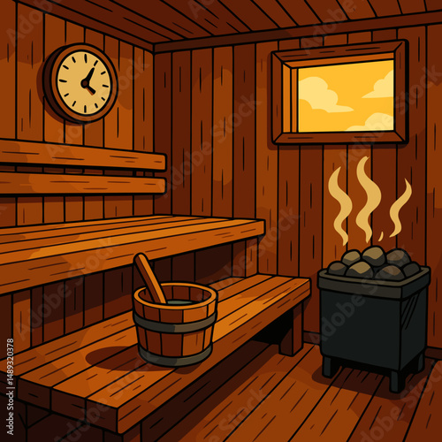 Wooden sauna interior with bench, bucket, and stove during sunset  
