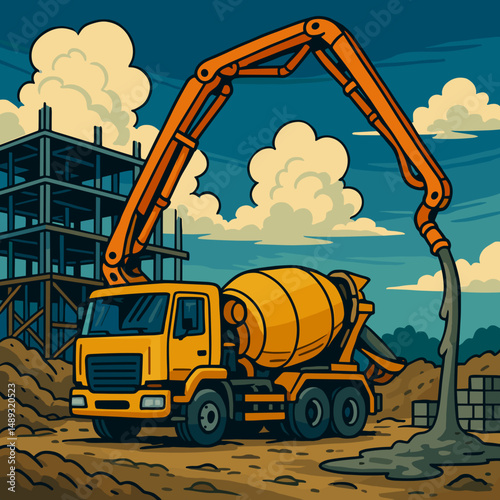 Concrete pump truck delivering cement at a construction site  
