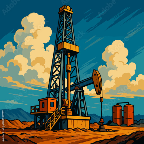 Oil drilling rig on landscape with blue sky and clouds