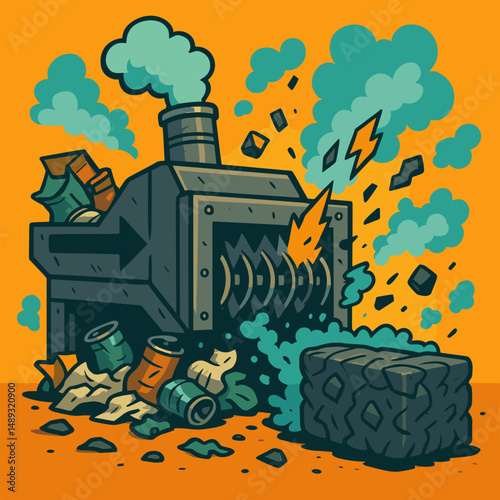 Machine compactor shredding waste materials with vibrant colors  