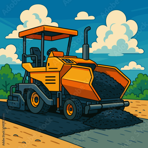 Asphalt paving machine working on road construction in daytime  