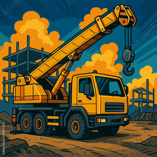 Construction crane lifting materials on active building site  