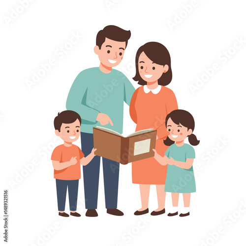 Young family looking at a photo album together in a cheerful setting  