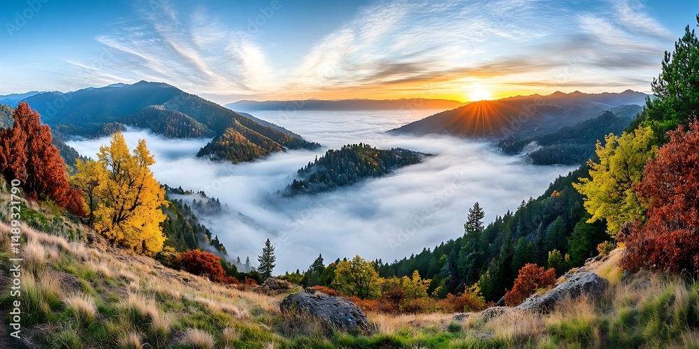 Obraz premium Sunrise over misty mountains nature landscape scenic viewpoint autumn colors tranquil environment