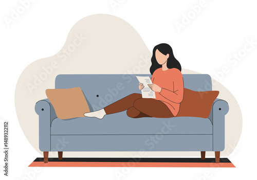Young woman sitting on sofa holding grocery receipt at home  