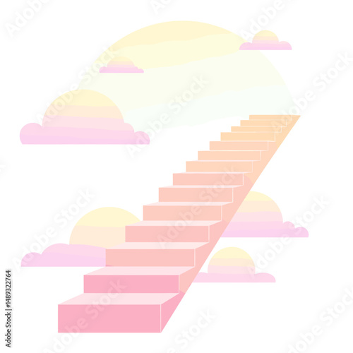 Stairs leading to soft clouds under a pastel sky in a dreamlike setting  